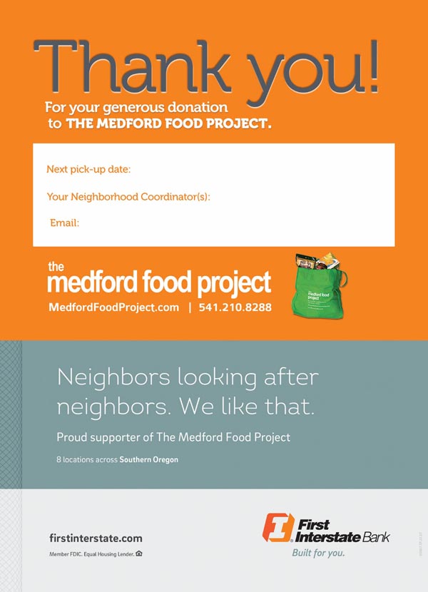 Medford Food Project Thank You Card sponsored by First Interstate Bank