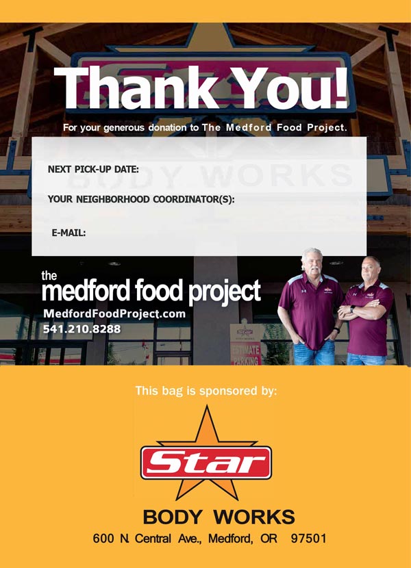 Medford Food Project Thank You Card sponsored by Star Body Works